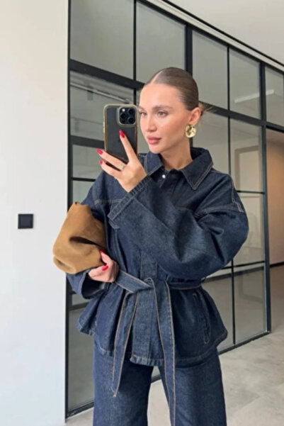 TRENDBUTİKOFFİCİAL Women's Denim Jeans Set Belted Denim Jacket & Wide Leg Pants Set Premium Denim