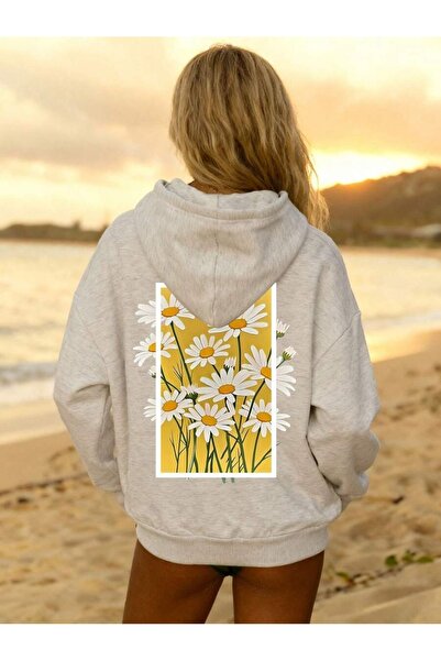 OVER HEAD Women's Gray Box Daisy Printed Oversized Hooded Sweatshirt