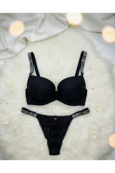 Yume Comfort Siyah Fitilli Dokulu Taşlı Askılı Destekli Push Up Sütyen String...