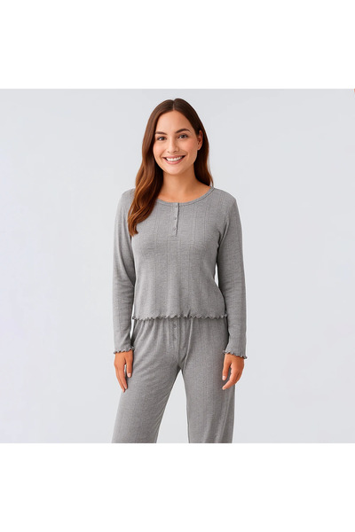 Penelope Perla 100% Cotton Lace-Like Knit Knitted Pajama Set - Gray / S