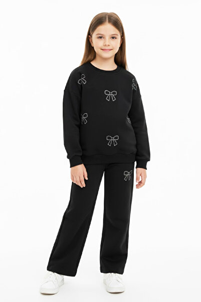 MODANINO Girl's Stone Embroidered Bow B Printed 2 Thread-Top and Bottom Set-5-12 Years Old 12438