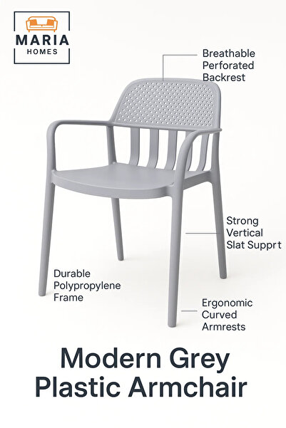MARIA HOMES Grey Plastic Armchair with Slatted Back – Modern Stackable Outdoor & Indoor Chair with Armrests