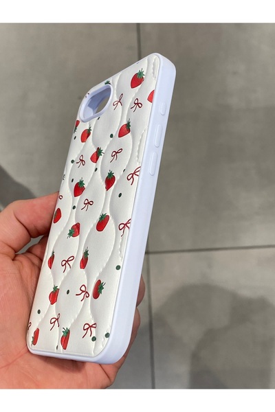 Mee.co iPhone 16E Compatible Strawberry Pattern Phone Case Ribbon Pattern Stitching Detail Faux Leather Case