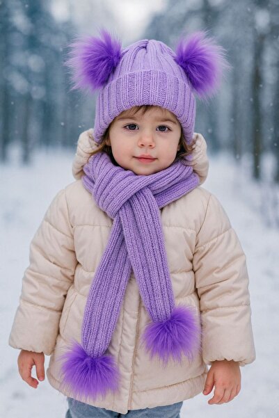 ŞAPKAKİDS Lilac Knitwear Scarf Beanie Set