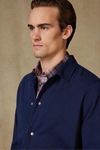 Abbate Renato Woven Polyamide Blend Overshirt Fit Navy Blue Classic Collar Men's Plain Overshirt