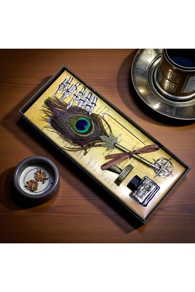 Kuzey Tacı مجموعة أقلام حبر وحبر من ريش الطاووس العتيقة ذات الإنتاج الخاص مقاس كبير VIP