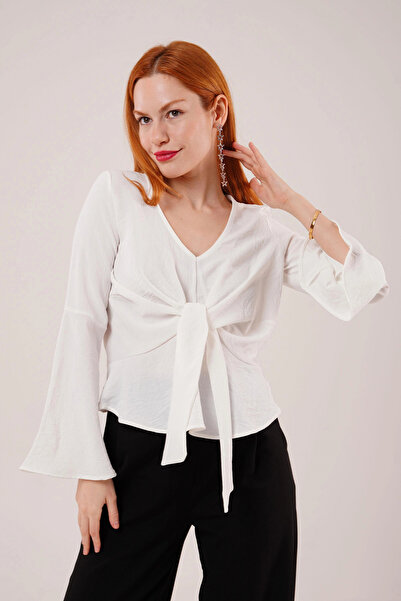 GENCULUS Front Tie Flywheel Sleeve White Blouse