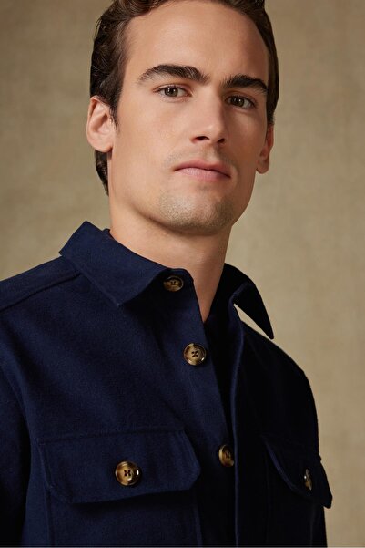 Abbate Fumo Flannel Cotton Overshirt Fit Navy Blue Classic Collar Men's Plain Overshirt