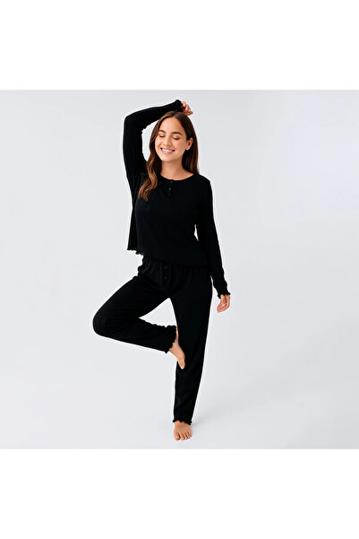 Penelope Perla 100% Cotton Lace-Like Knit Knitted Pajama Set - Black / S