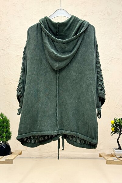 sahnemoda Hooded Leaf Washed Buttoned Cotton Cardigan