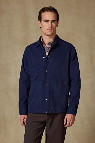 Abbate Renato Woven Polyamide Blend Overshirt Fit Navy Blue Classic Collar Men's Plain Overshirt