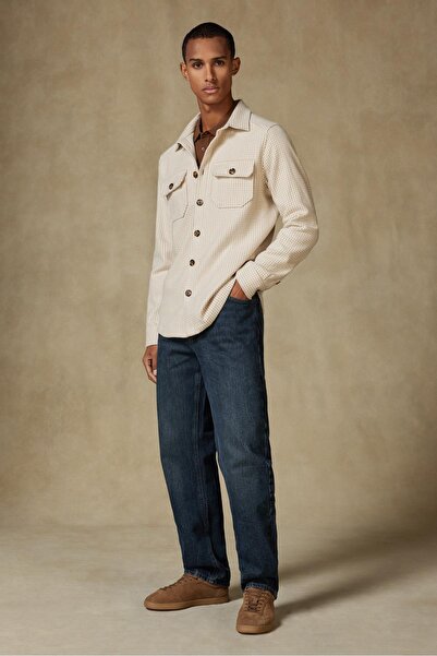 Abbate Fumo Flannel Cotton Overshirt Fit Ecru Classic Collar Men's Patterned Overshirt