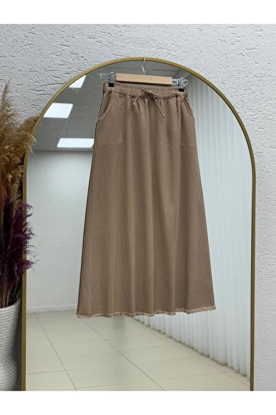 MİHRA STORE Feyona Altı Püsküllü Gabardin Etek-MA4281 Vizon