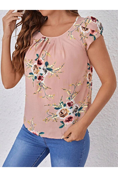 GENCULUS Women's Short Sleeve Crew Neck Floral Printed Single Jersey Blouse