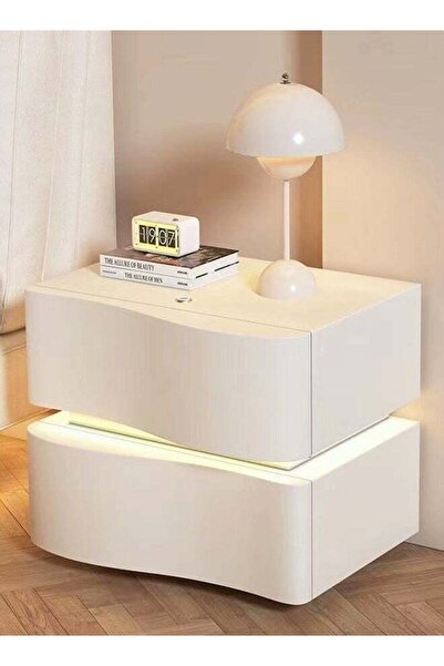 Raffine Modern High Gloss One Touch Switch LED Nightstand with 2 Drawers, Solid Wood, 45x40.5x50 cm