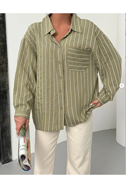 Bisou Çizgili oversize yeşil gömlek