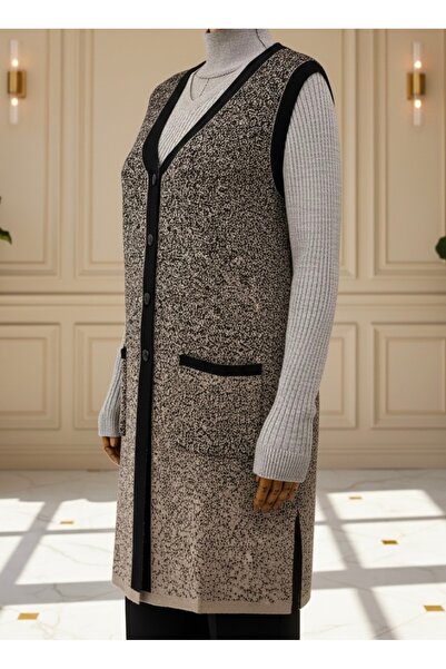TEK Tektri̇ko Double Color Young Mother Vest / Black Patterned Knitwear Double Color Young Mother Vest / Black Mink