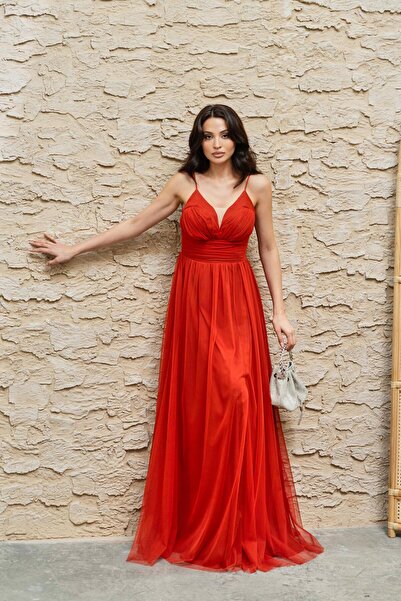 Serica Moda Y Slit Tulle Evening Dress with Red String Straps