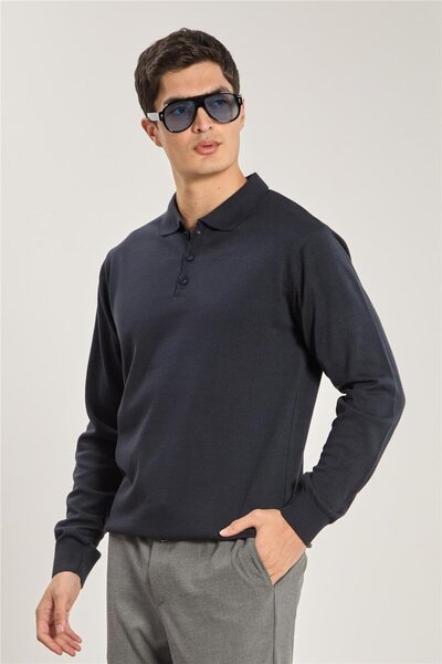 BARRELS AND OIL Pulover tricotat cu guler polo și nasturi pentru bărbați - Bl...