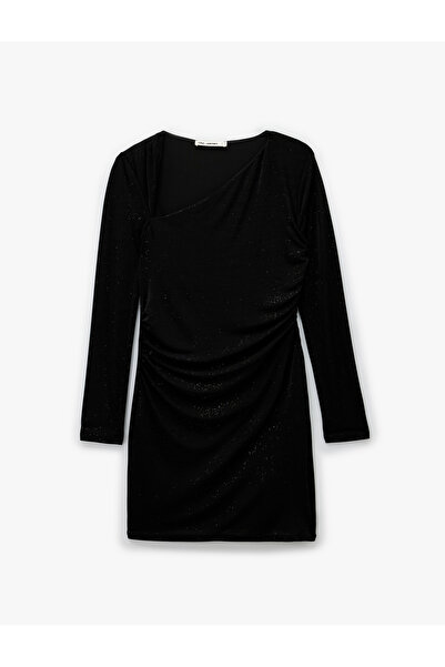Koton Asymmetrical Neckline Long Sleeve Glitter Draped Mini Dress