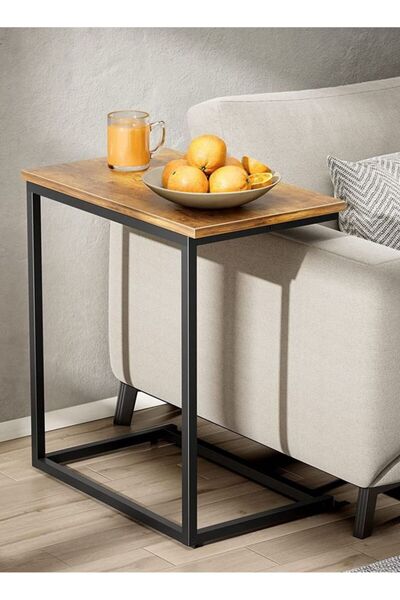 Raffine C-Shaped Couch Laptop End Side Table with Wood Top & Metal Frame