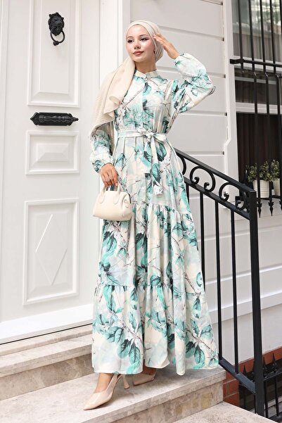 Merterium Women's Patterned Long Hijab Dress 1319 - A.Green