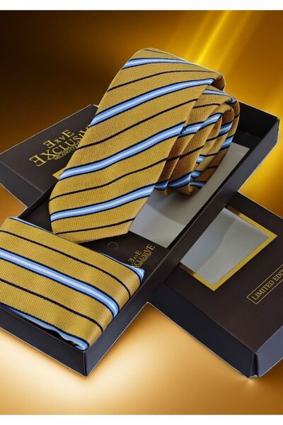 Exve Exclusive Yellow Navy Blue Striped Jacquard Woven Tie and Handkerchief Set with Gift Box