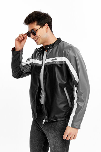 CHOS7N Men's Striped Printed Leather Jacket Zippered Coat