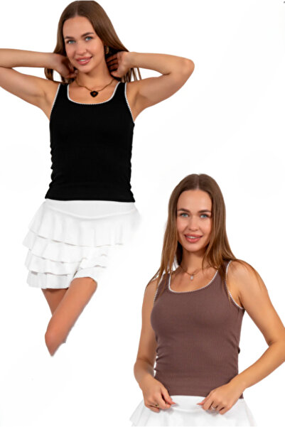 ALCİNOUS 2-Piece Black/Brown Embroidered Detail 100% Cotton Thick Strap Tank Top Bluz