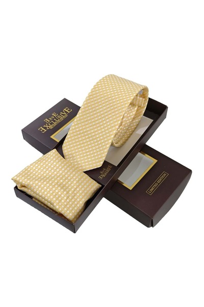 Exve Exclusive Honey Yellow and White Lattice Knit Pattern Soft Gift Boxed Tie and Handkerchief Set