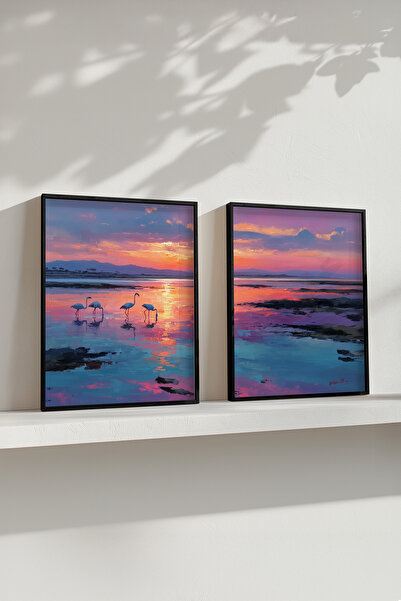 STARYUNA Set of 2 Paintings with Oil Painting Effect Black Wooden Framed Flamingo Scenery Yuna443