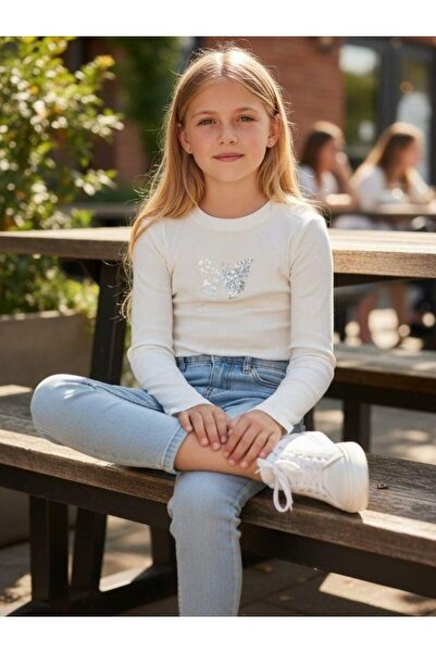 Zekids Girls' Beaded Butterfly Embroidered F Corded Fabric Long Sleeve T-Shirt