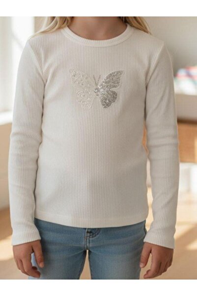 Zekids Girls' Beaded Butterfly Embroidered F Corded Fabric Long Sleeve T-Shirt