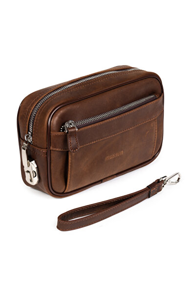 mussen Monarque Genuine Cowhide Leather Men's Locked Hand Portfolio Bag, 3 Pockets, Zippered (21X12X6 cm)