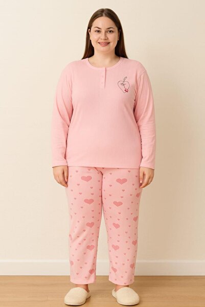 Pemilo Women's 0110 Large Size Report Thick Winter Pajama Set Pink
