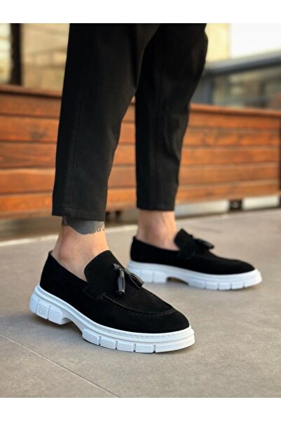 BPM Ba0240 Classic Shiny Tasseled Suede Black White Sole Men's Shoes