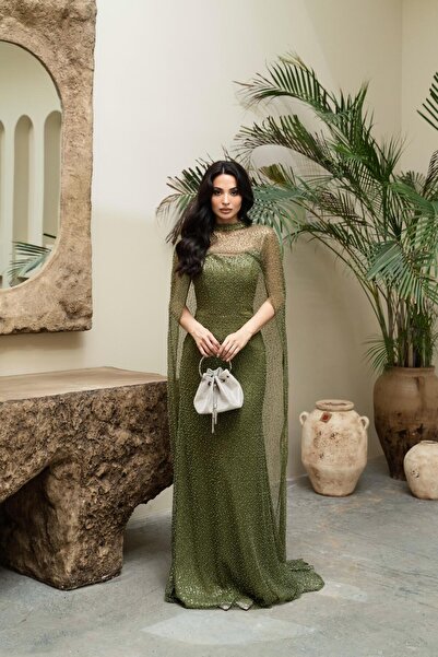 Serica Moda Khaki Strapless Beading Cape Evening Dress