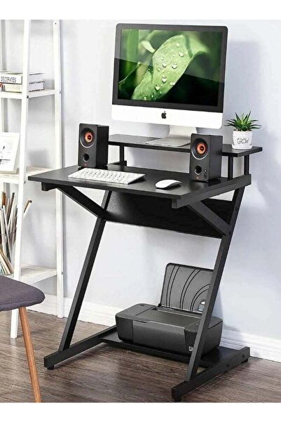 Raffine طاولة دراسة مدمجة على شكل حرف Z مع شاشة ورفوف سفلية