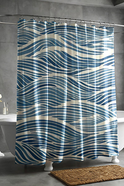 Moud's Banyo Perdesi, Mavi Dalga Desenli Duş Perdesi, Küvet Perdesi, Halka He...