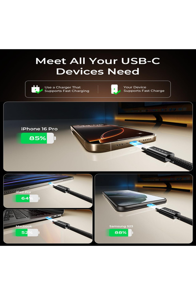 LISEN ® 60W Fast Charging & Data Cable Set, 4 pcs (0.5m, 2×1m, 2m) USB-C to USB-C PD 3.0