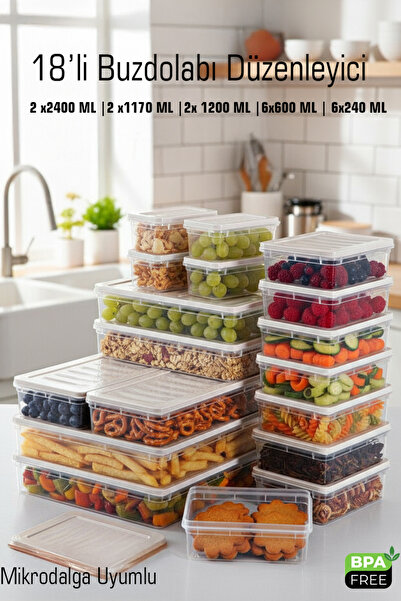 FİTHOME 18 Pieces Shallow Refrigerator and Freezer Organizer Storage Container Multi-Purpose Set Microwave Safe