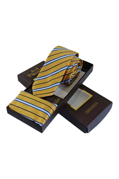 Exve Exclusive Yellow Navy Blue Striped Jacquard Woven Tie and Handkerchief Set with Gift Box