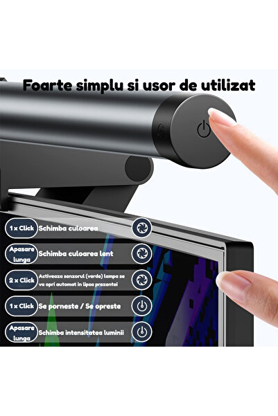 AdyMel RF Monitor LED Lamp, Aluminum, 42.5 cm, Detachable Stand, USB, Touch, Adjustable Color/Intens