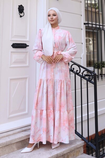 Merterium Women's Patterned Long Hijab Dress 1319 - Powder