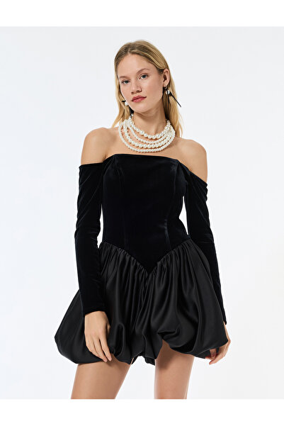 Koton Μίνι φόρεμα με μακρυμάνικο βελούδο με ανοιχτό ώμο