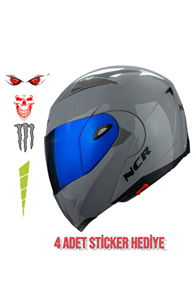 NCR Çene Açılır Mavi Vizörlü Motosiklet Kaskı Ece Belgeli