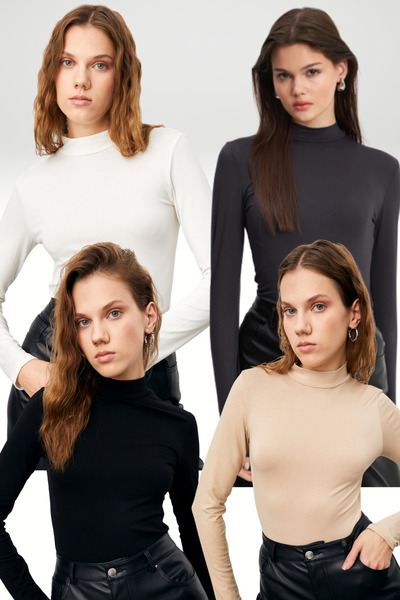Bipantolon Women's Anthracite Black Cream White 4-Piece Half Turtleneck Basic Bodysuit