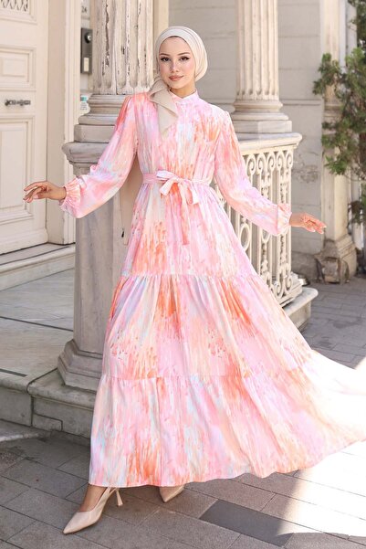 Merterium Women's Patterned Long Hijab Dress 1319 - Pink