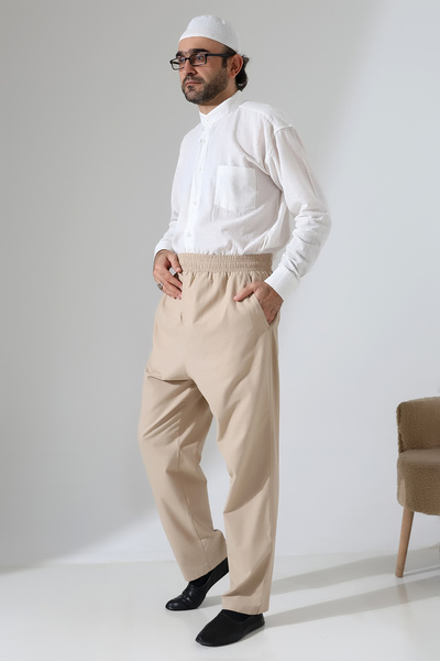 ihvan online Men's Elastic Waist Pocket Hajj Umrah Linen Shalwar Pants - Beige (VŞN)