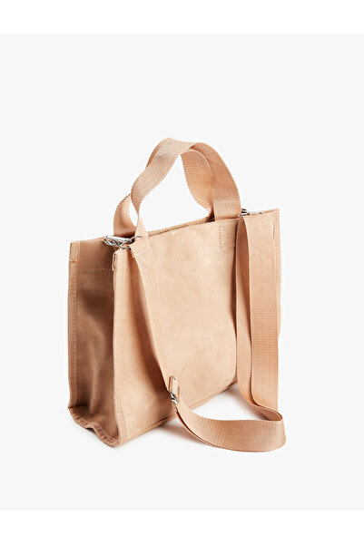 Koton Faux Suede Tote Bag with Label Detail Handle Strap